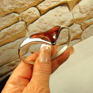 MODERNIST AMBER 925 SILVER BANGLE BRACELET HINGED RARE
